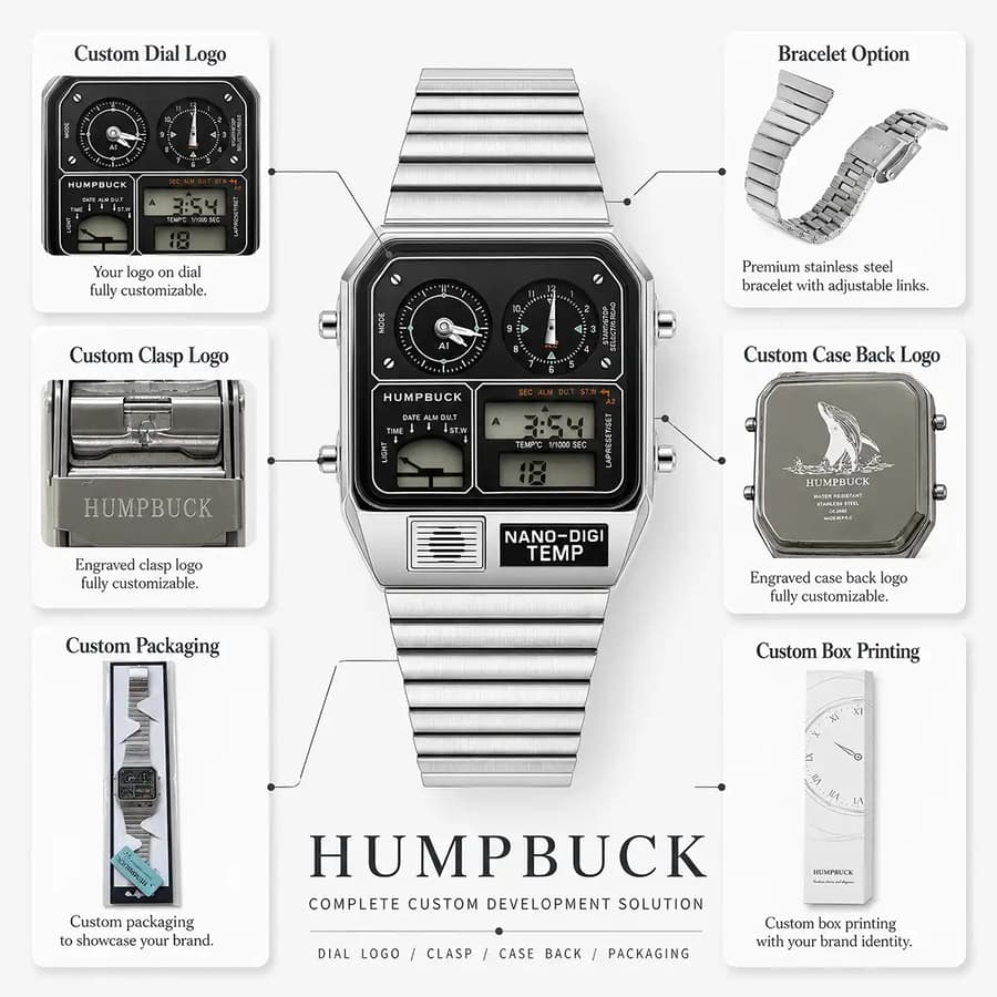 Complete custom watch development — dial logo, clasp, case back, and packaging