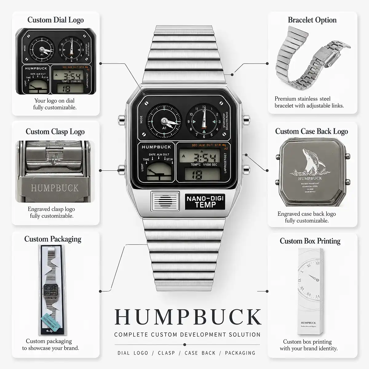 Complete custom watch development — dial logo, clasp, case back, and packaging